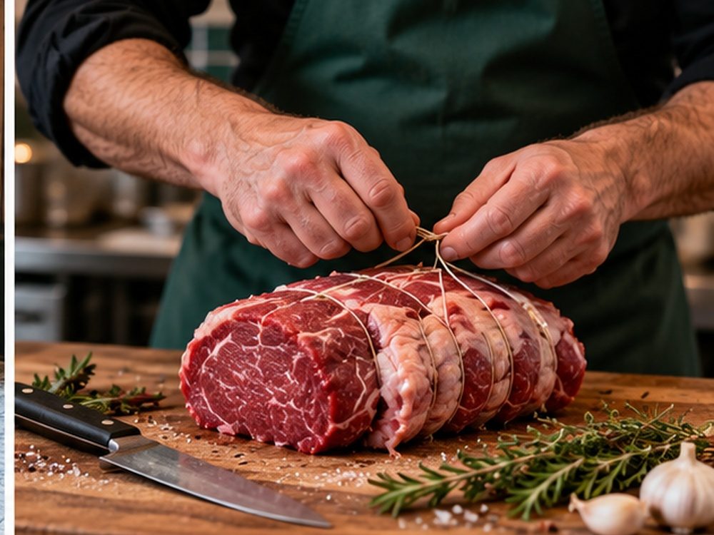 Le boucher ficelle un rôti de bœuf à la main