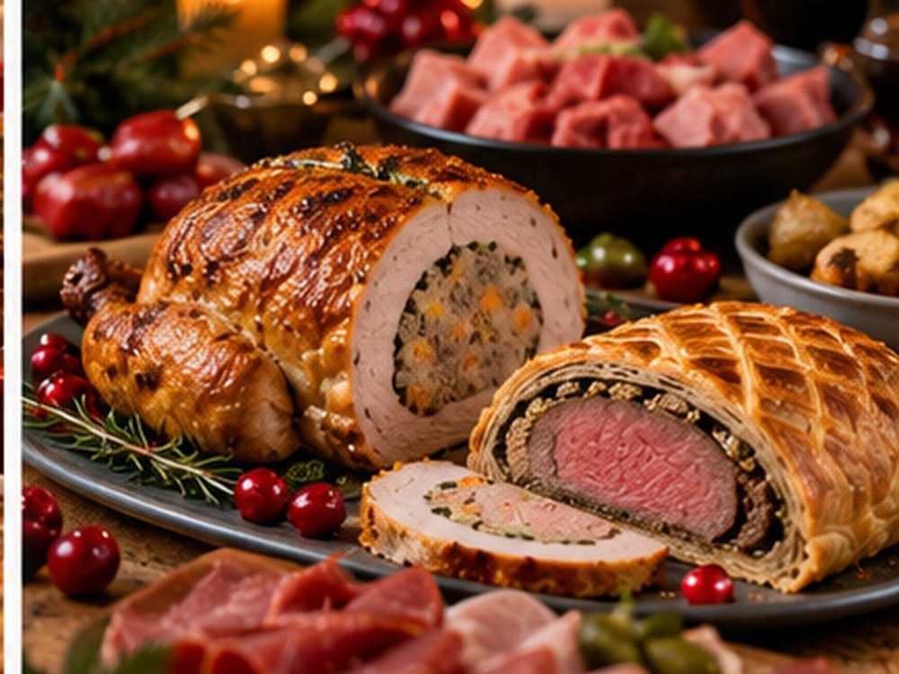 Plateau de fête : rôti farci, filet en croûte et assortiment pour fondue