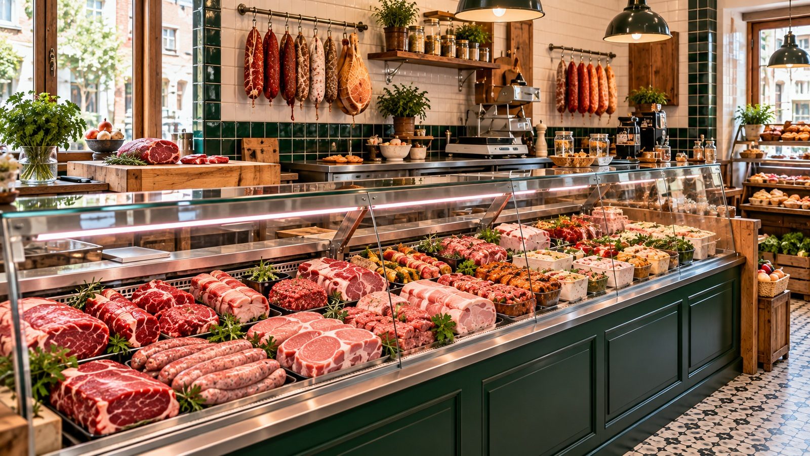 Comptoir de la boucherie avec ses viandes et sa charcuterie