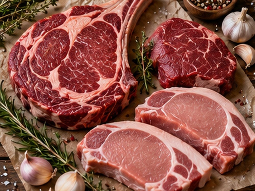 Steaks de bœuf, côte à l'os et côtelettes de porc