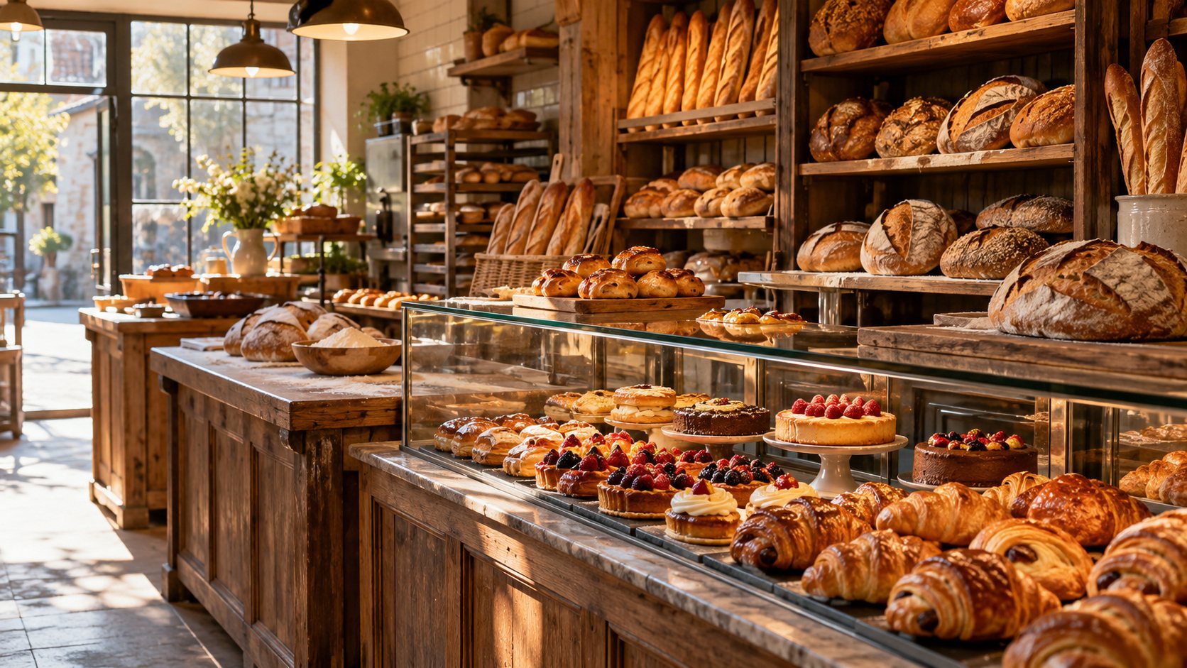 Vitrine de la boulangerie avec pains et pâtisseries