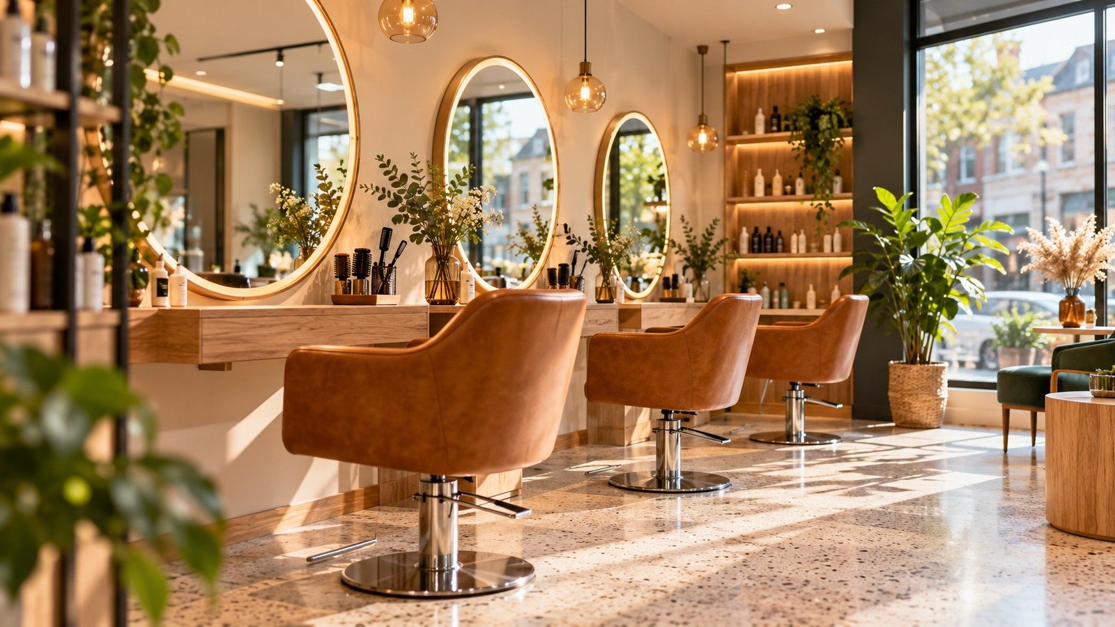 Intérieur lumineux du salon, fauteuils et miroirs ronds