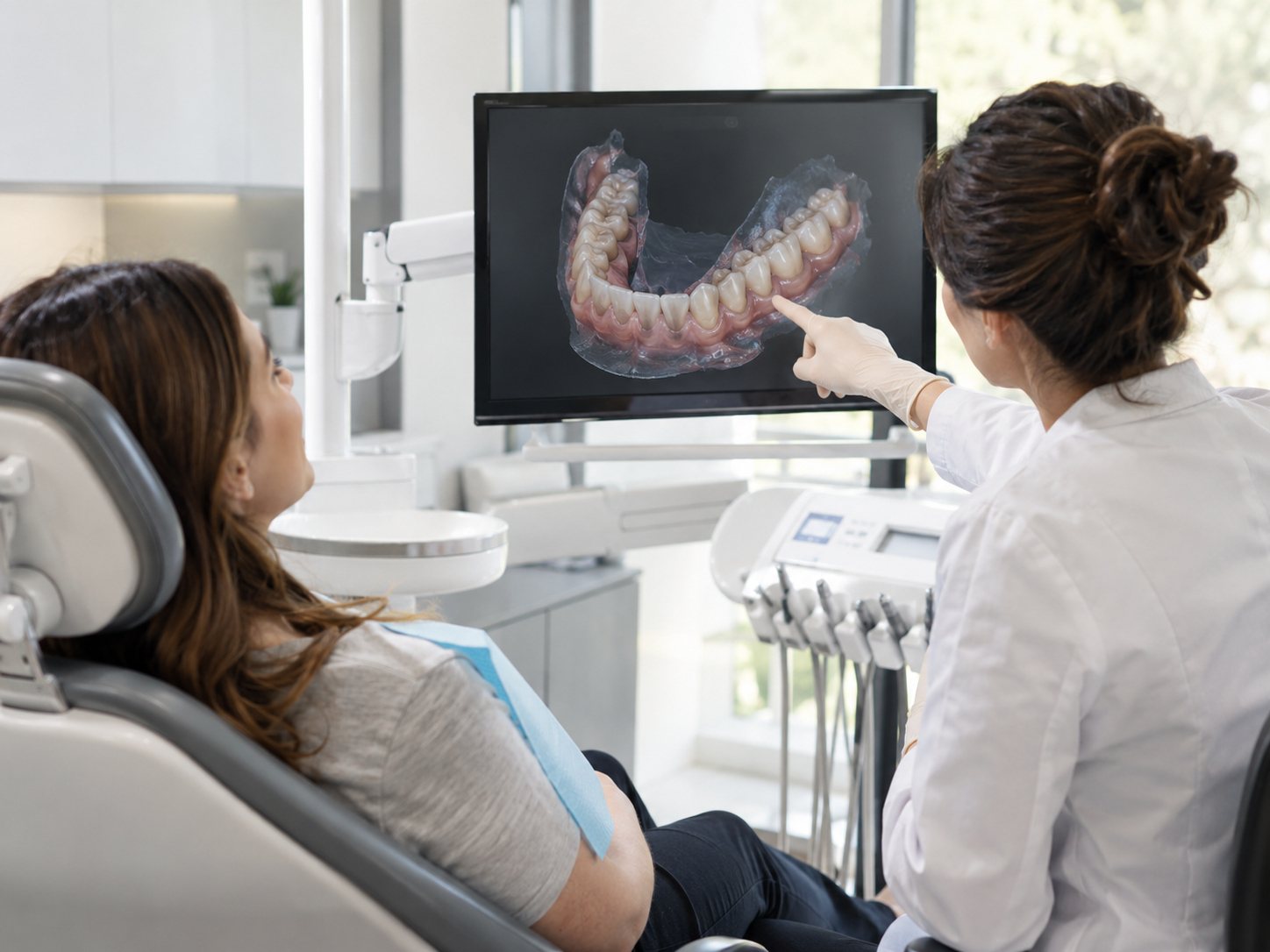 Une dentiste explique une image 3D à une patiente
