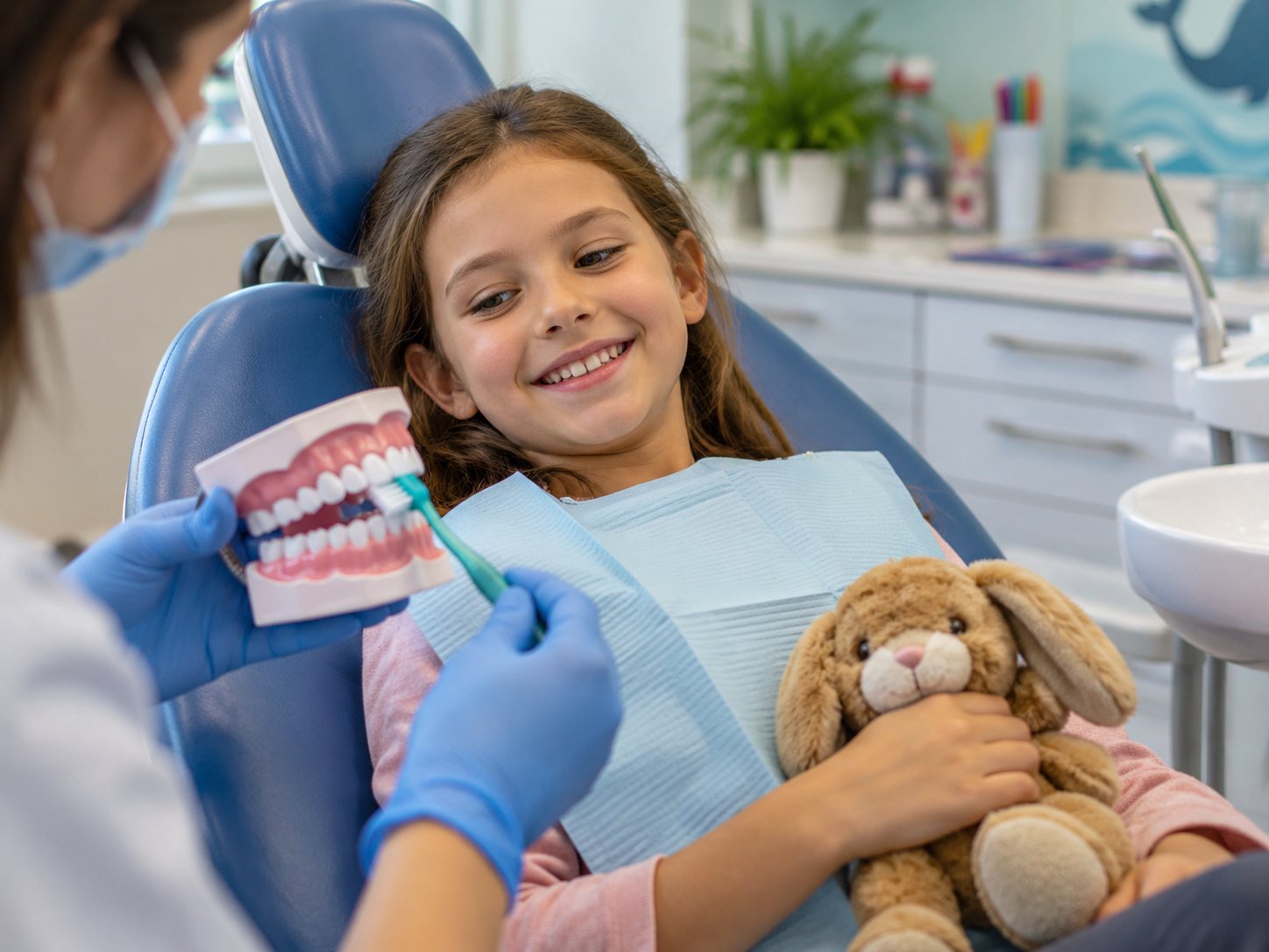 Une enfant souriante dans le fauteuil avec sa peluche