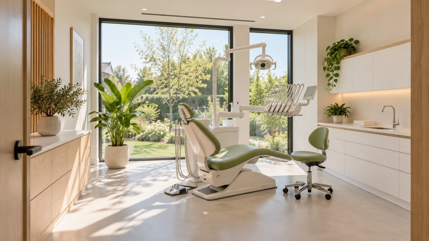 Salle de soins lumineuse du cabinet, fauteuil dentaire face au jardin