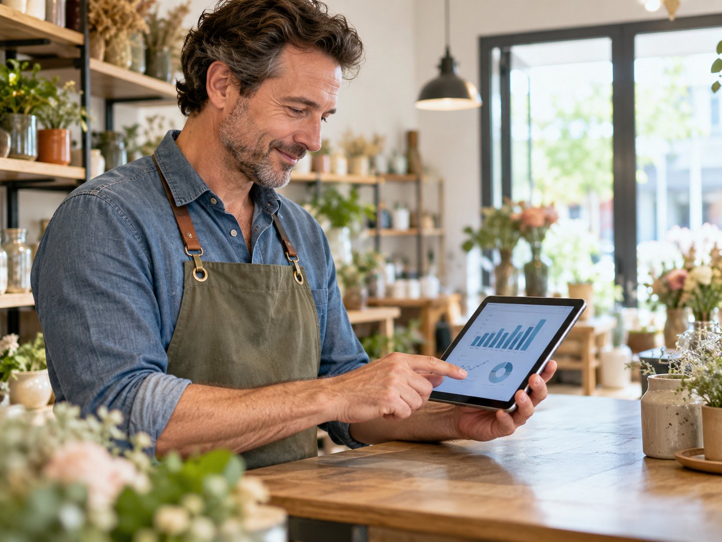 Un commerçant consulte ses chiffres sur une tablette