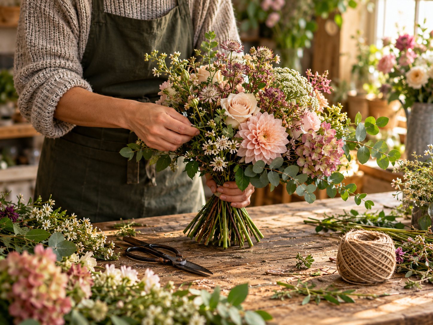 Mains de la fleuriste composant un bouquet