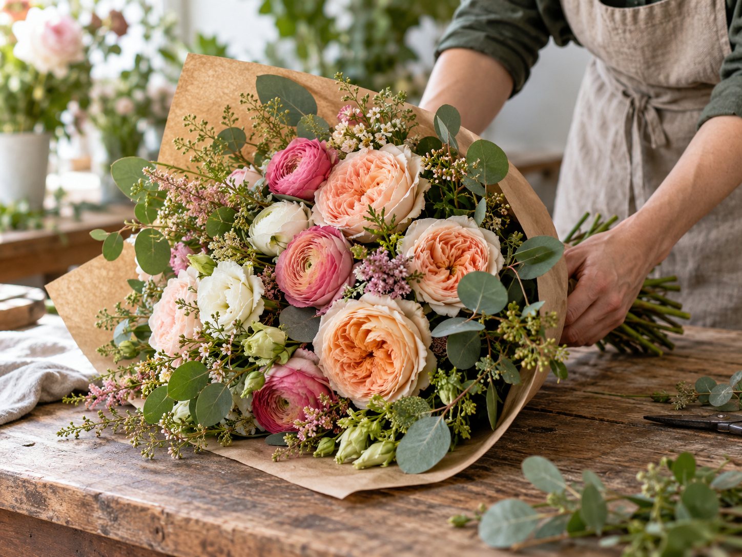 Bouquet de roses et renoncules dans du papier kraft