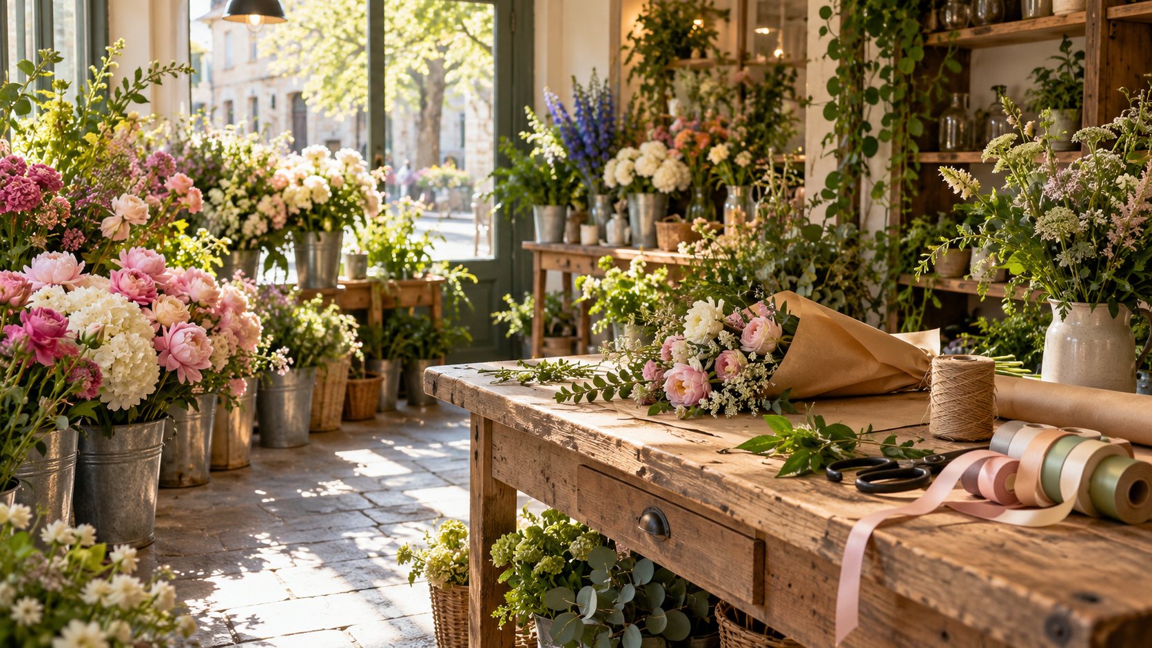Intérieur de la boutique, seaux de fleurs fraîches et table de composition