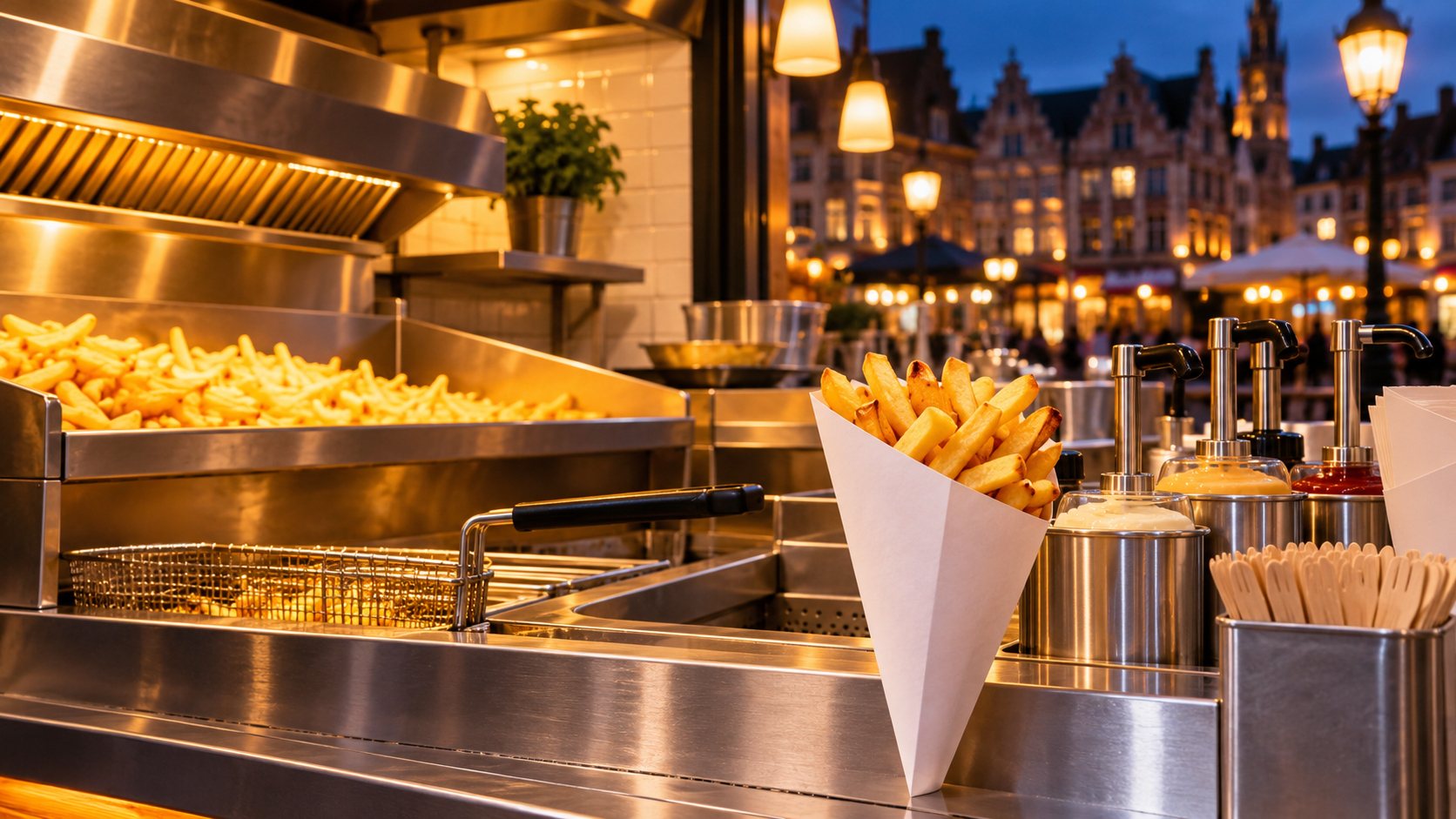 Le comptoir de la friterie le soir, cornet de frites et la place illuminée