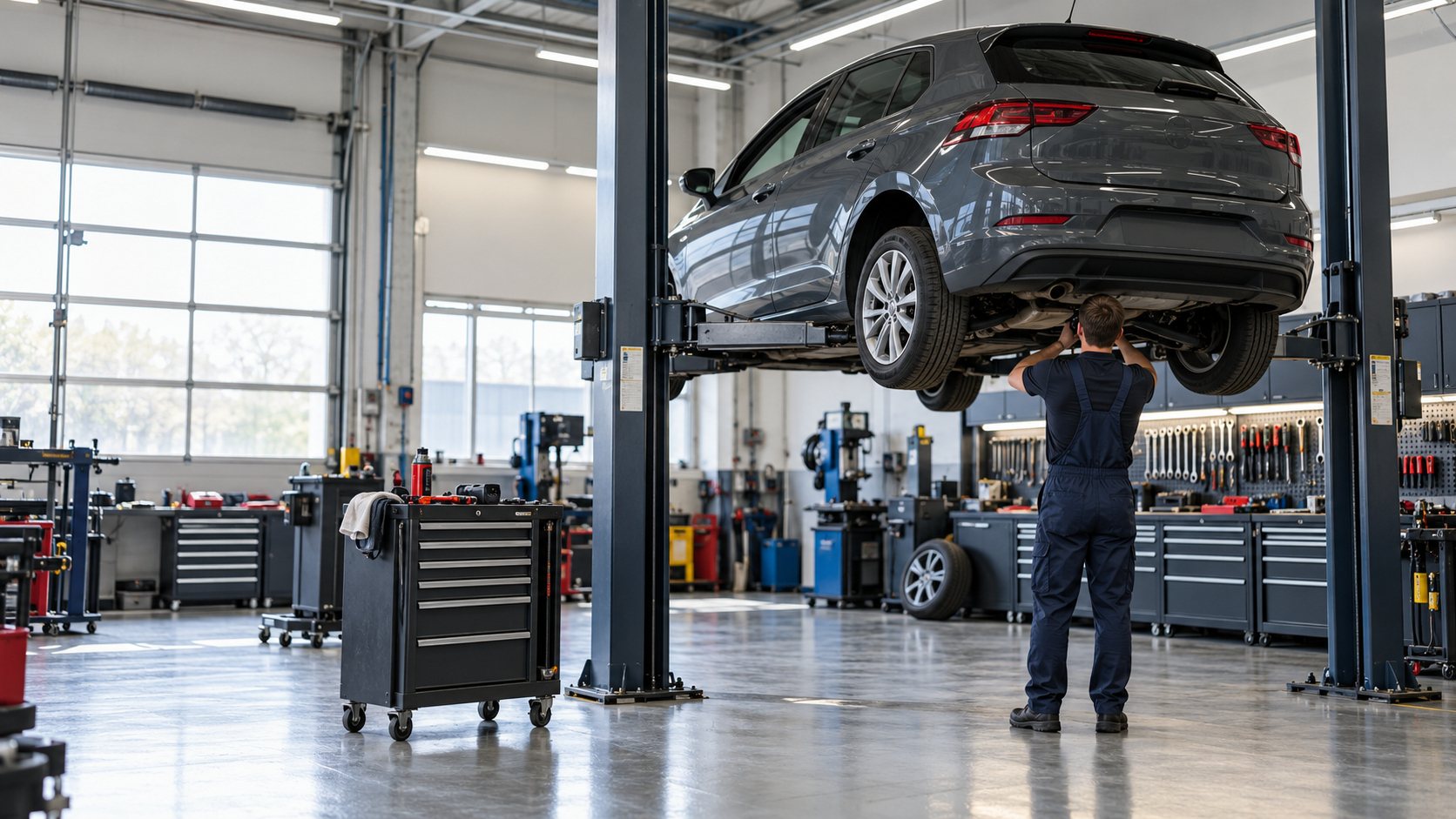 Atelier du garage, voiture sur pont élévateur