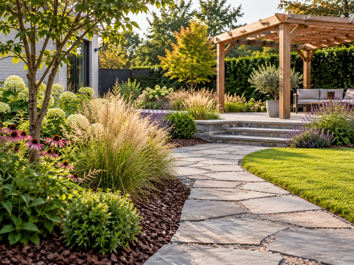 Jardin aménagé avec allée en pierre naturelle, graminées et pergola en bois