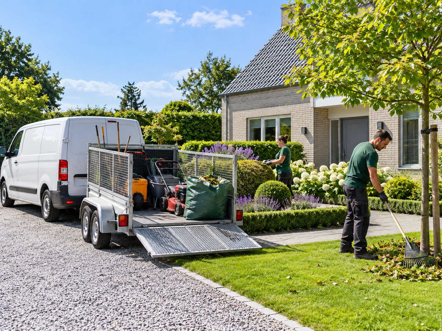 Camionnette et remorque de l'équipe devant un jardin