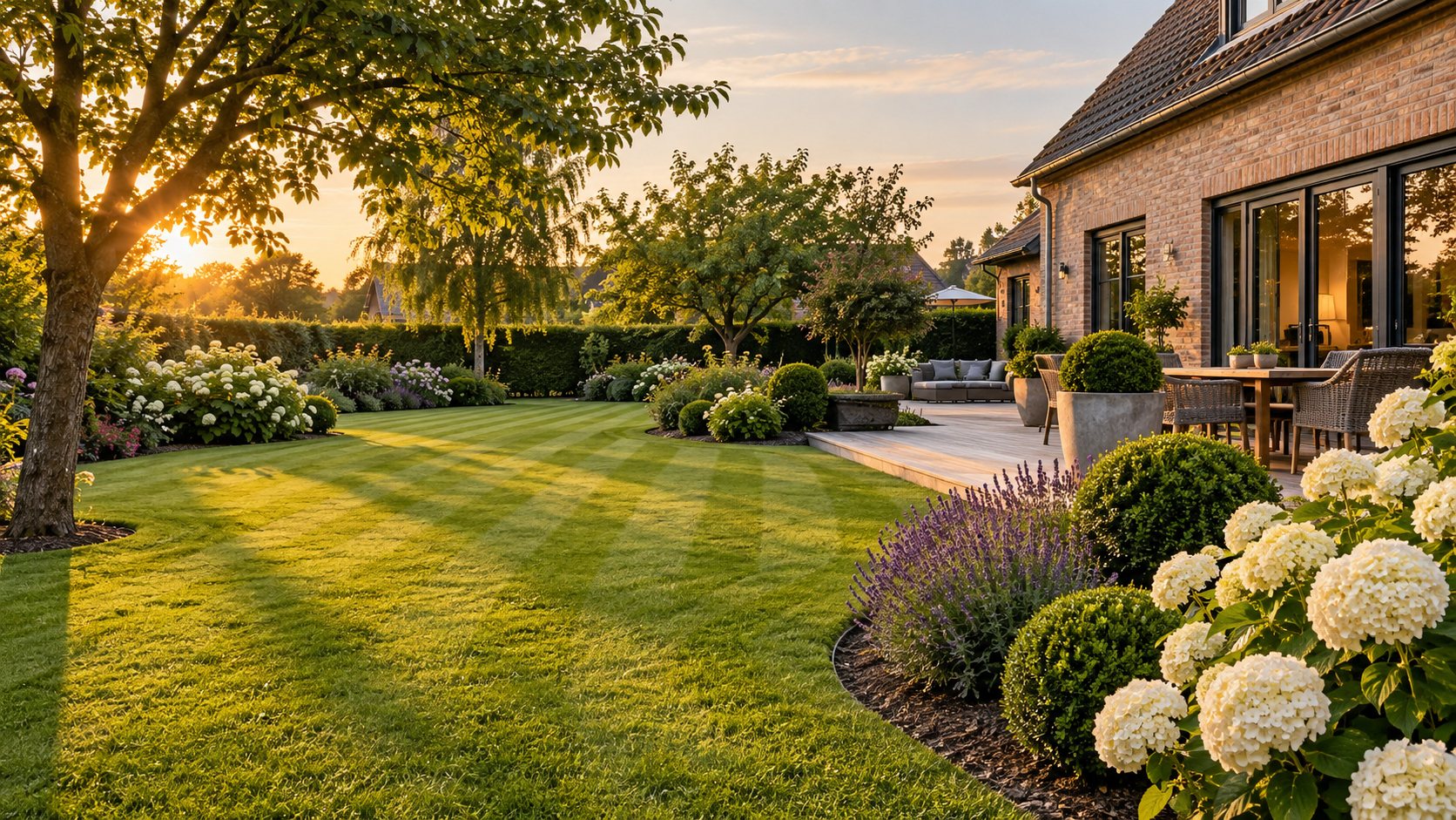Jardin soigné au soleil couchant, pelouse rayée et massifs d'hortensias