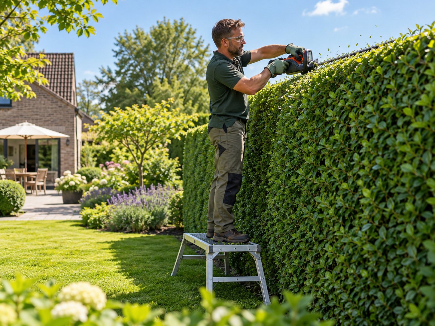 Jardinier taillant une haie au taille-haie