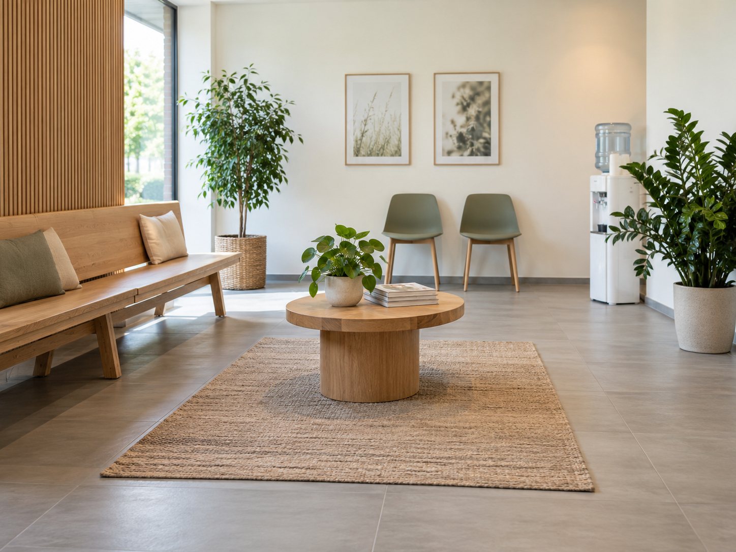 Salle d'attente du cabinet, bois clair et plantes
