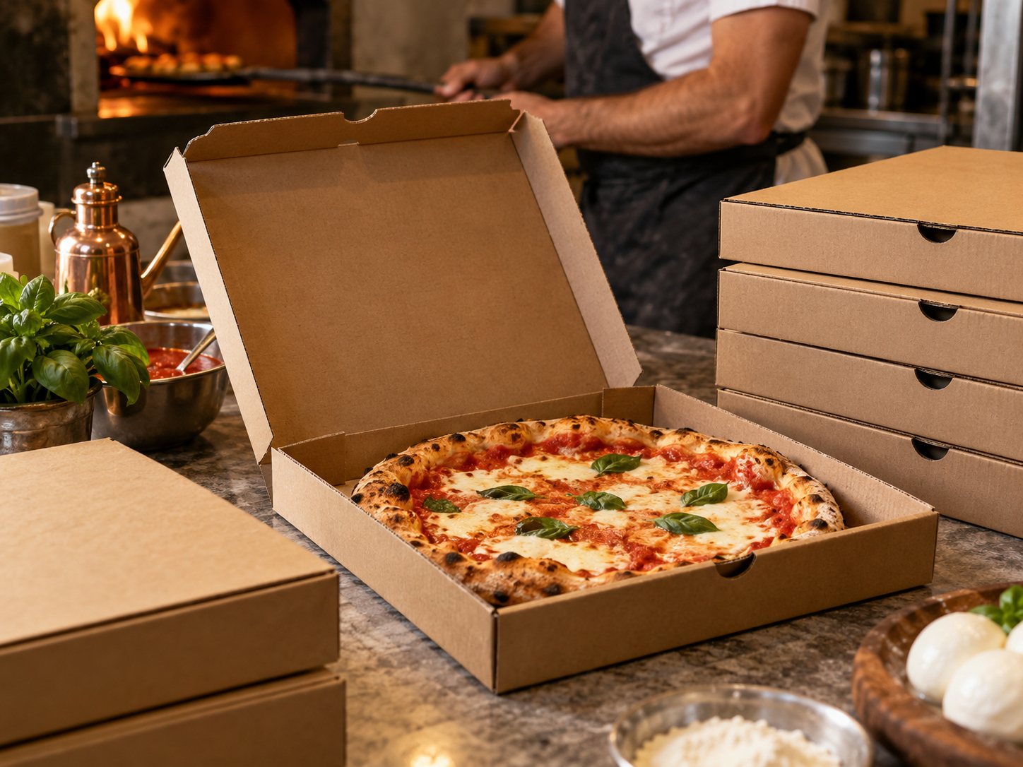 Pizza dans sa boîte, prête à emporter