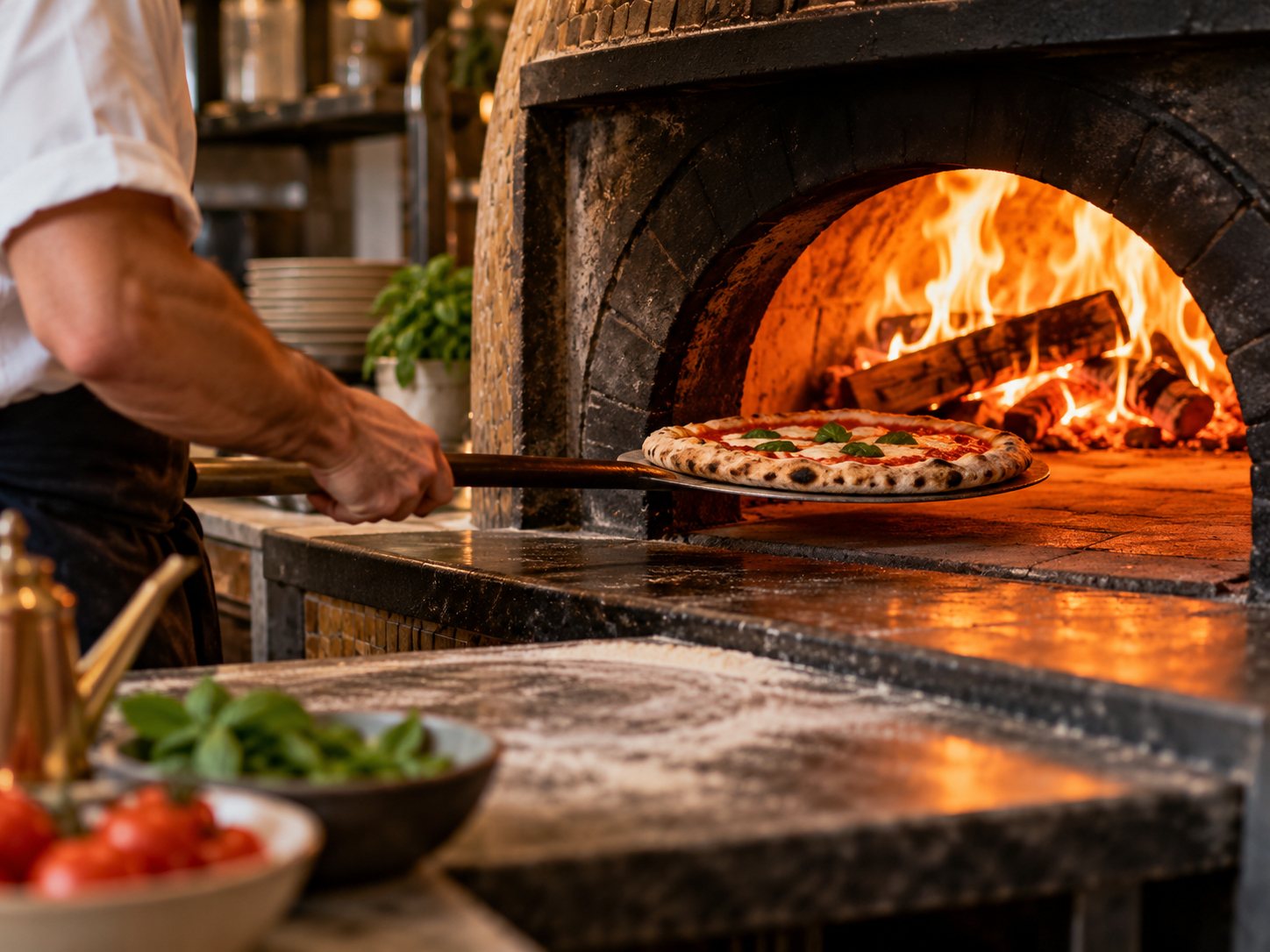 Le pizzaiolo enfourne une pizza dans le four à bois