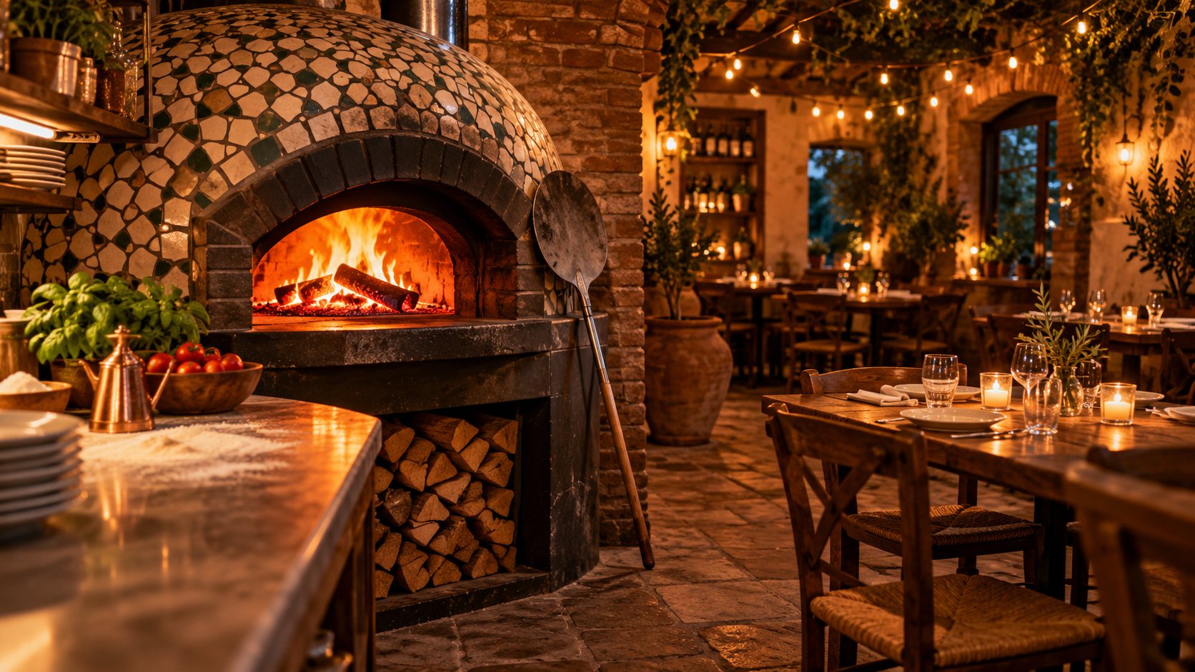 Le four à bois de la pizzeria et la salle aux lumières tamisées