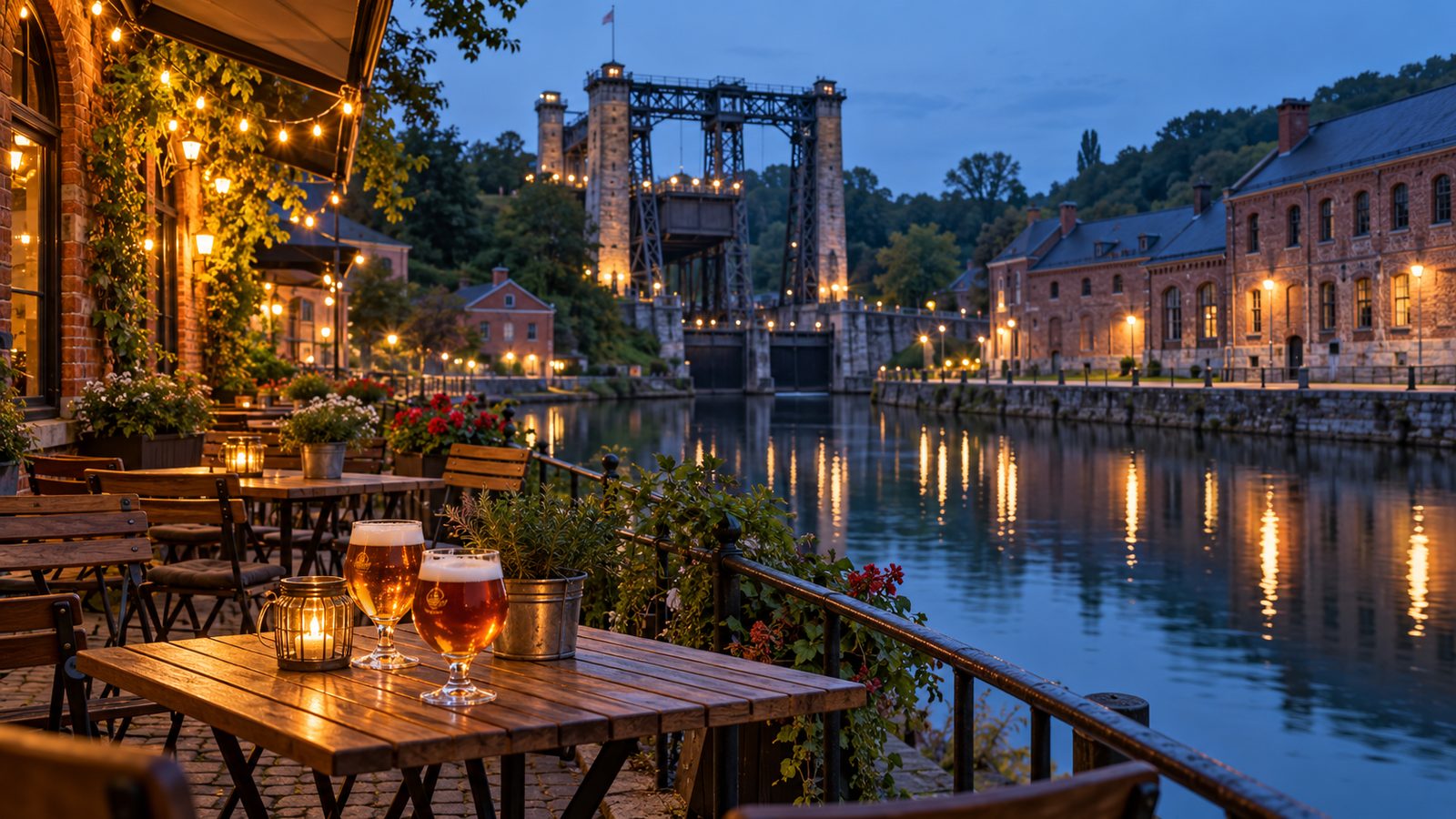 Terrasse de la brasserie au bord du canal, en soirée