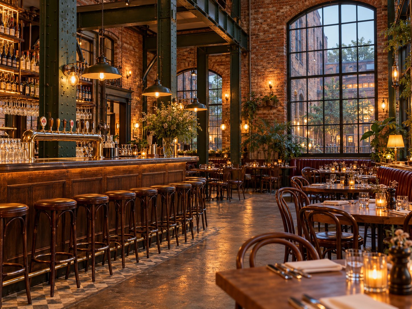 Salle de la brasserie : briques, poutres métalliques et grandes fenêtres