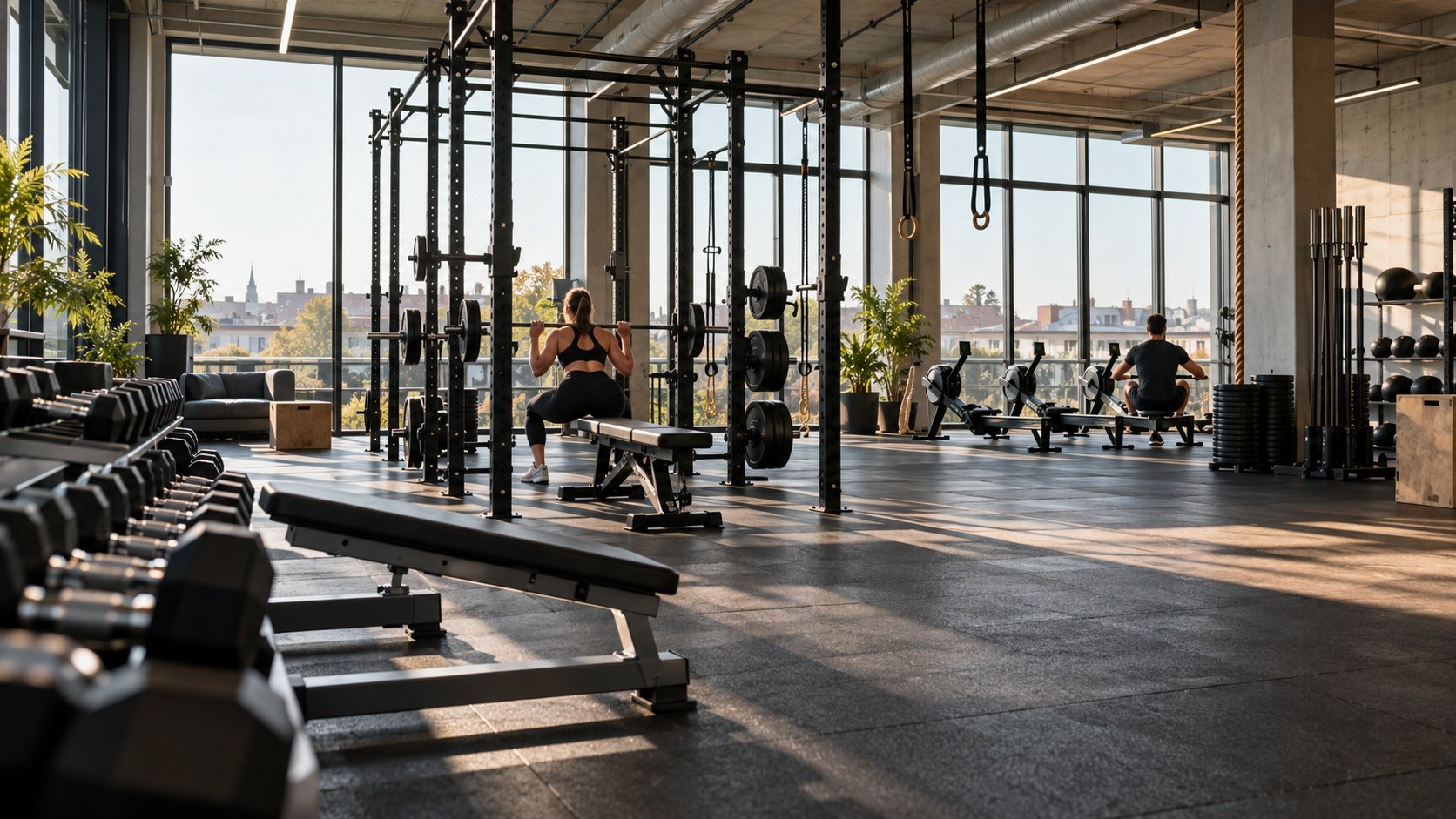 Salle de musculation avec racks et rameurs