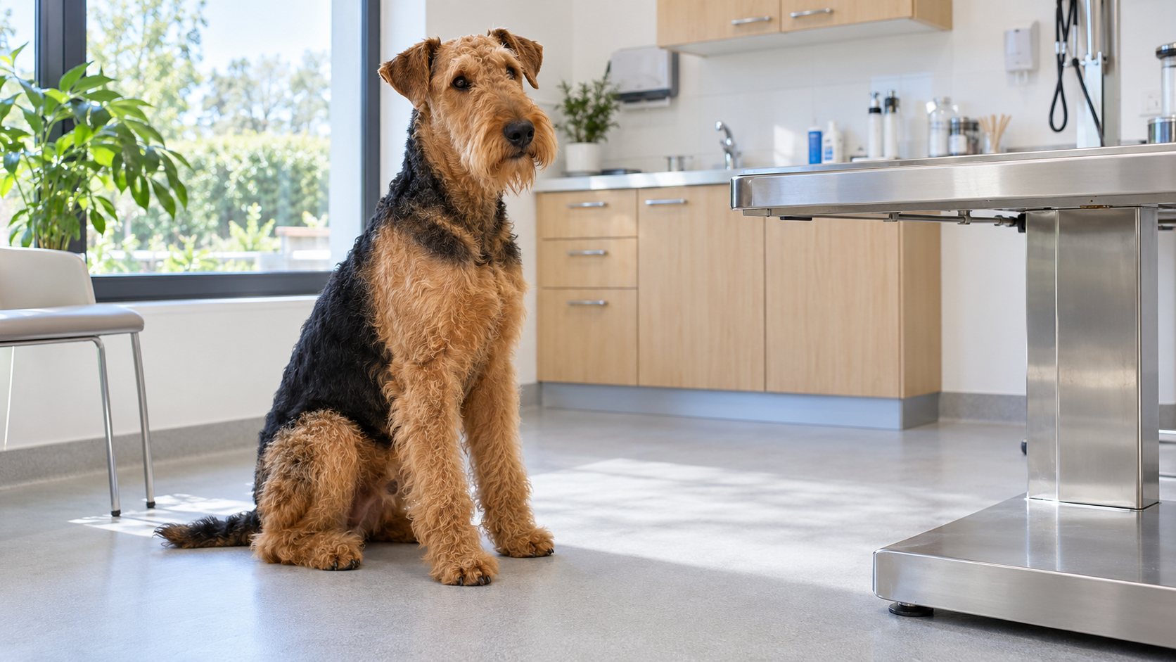 Salle de consultation de la clinique avec un chien calme