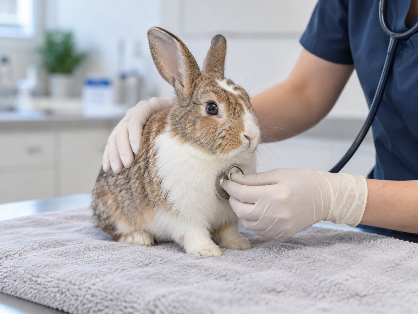 Lapin examiné sur une serviette